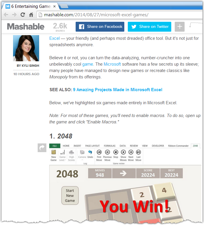 2048 Excel game in mashable