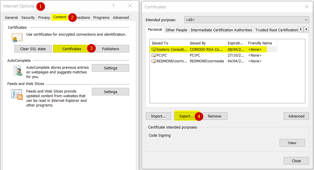 Export certificate from IE