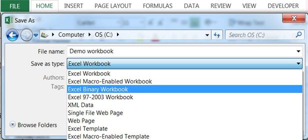 Saving your workbooks as .xlsb (Excel 2013 Binary) XLSB