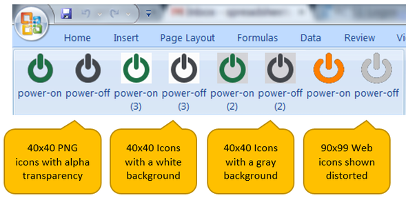 How various icons look in the Ribbon