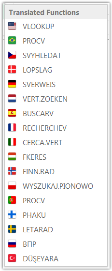 Excel function VLOOKUP translated in 16 languages