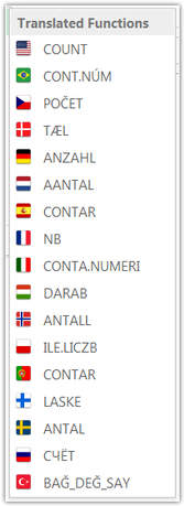 Excel function COUNT translated in 16 languages