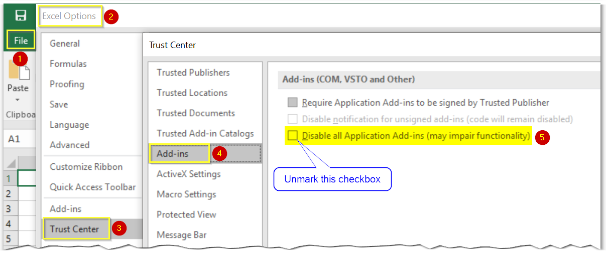 How to unmark checkbox Disable all Application Add-ins