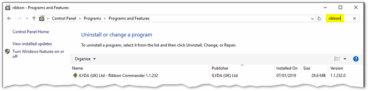 Control Panel uninstall Ribbon Commander