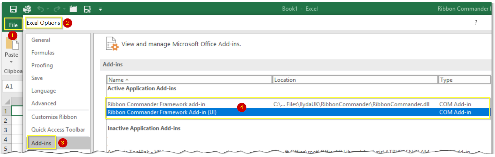 Ribbon Commander COM add-ins in Excel Options