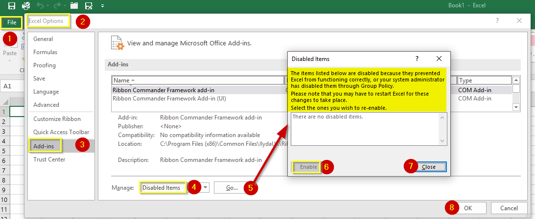 How to Enable Ribbon Commander if found under Disabled Add-in items