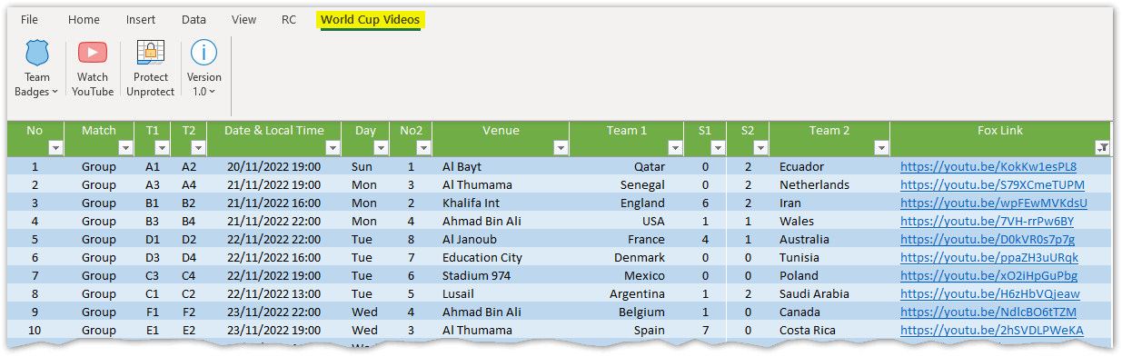World Cup video highlights in Excel